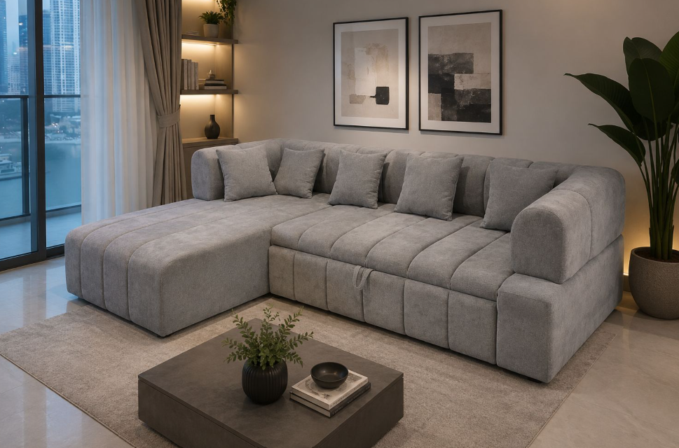 Berlin L-Shape Sofa Cum Bed (Custom Made) – Grey Fabric